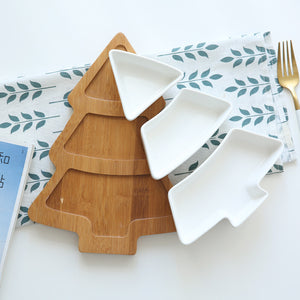 Ceramic Christmas Tree serving plate with wooden tray